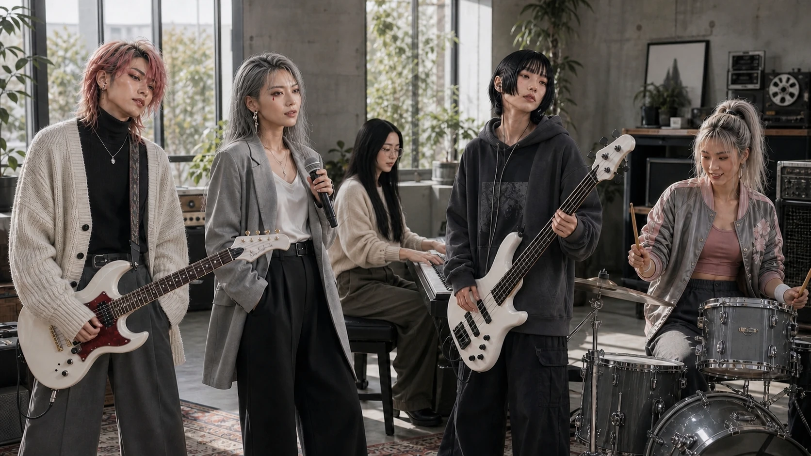 自然光が差すスタジオでリハーサルをする灰華の5人。Lui、haine、Kanade、Sumi、Rei。